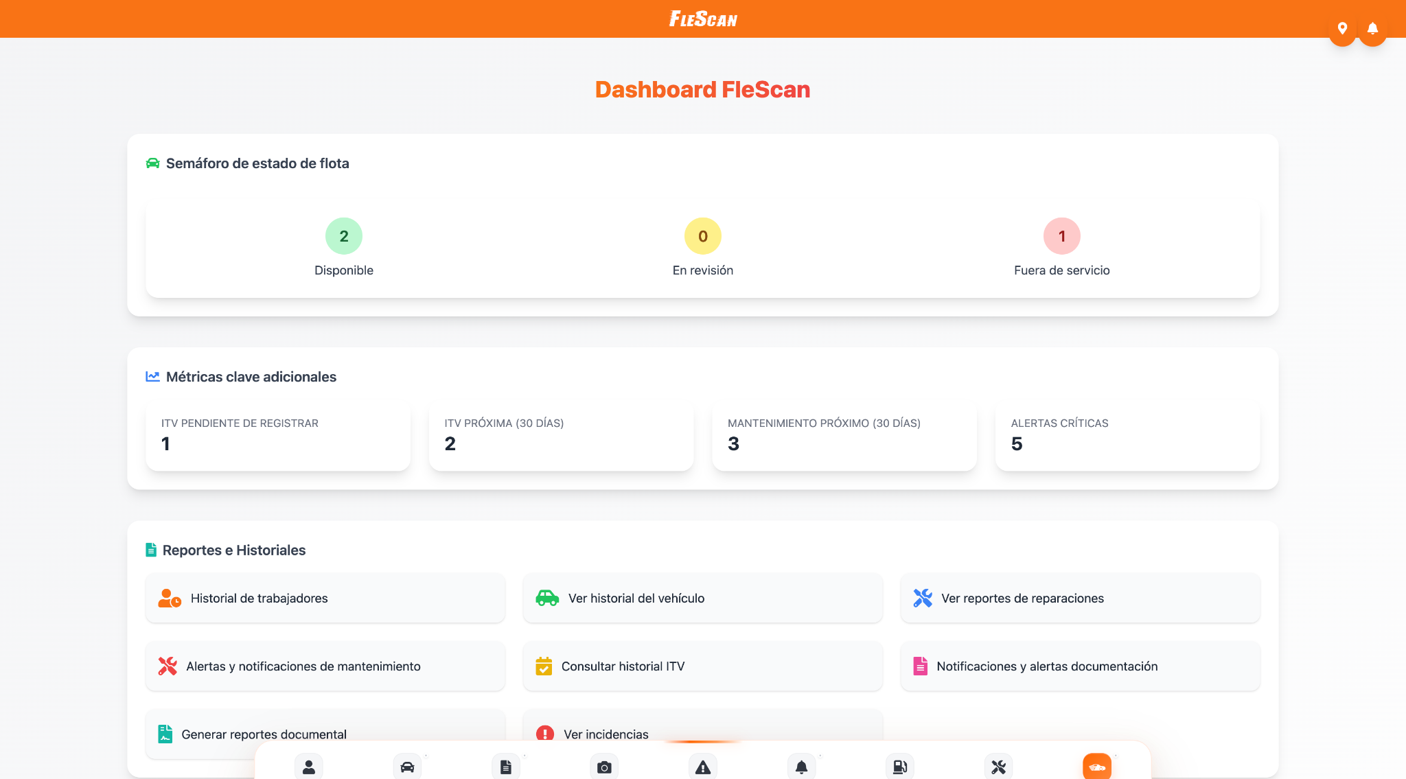 Dashboard del software de gestión de flotas FleScan con estado de vehículos, ITV, mantenimientos y alertas