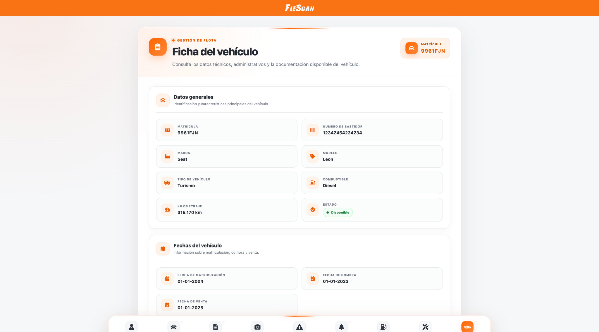 Ficha completa de un vehículo en FleScan con datos técnicos, kilometraje, estado y fechas